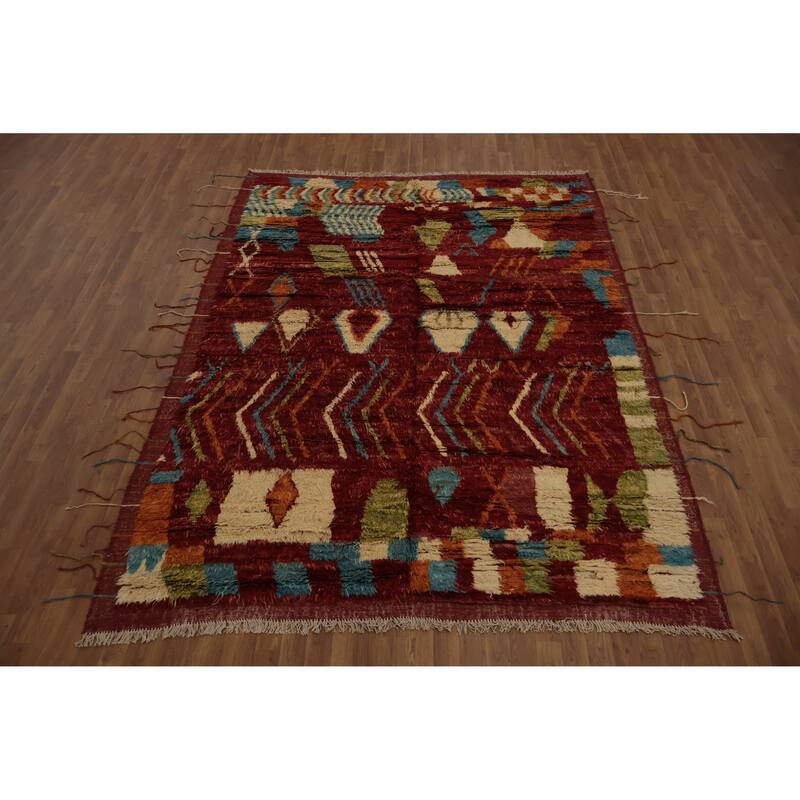 Hand Knotted Oriental 100% Wool Carpet Modern Tribal Red Moroccan Area Rug - 9' 8'' X 7' 1''
