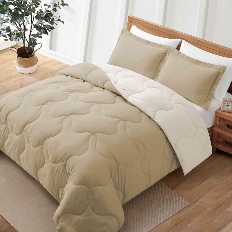 Lightweight Reversible Microfiber Down Alternative Comforter Set - Khaki/Ivory - King