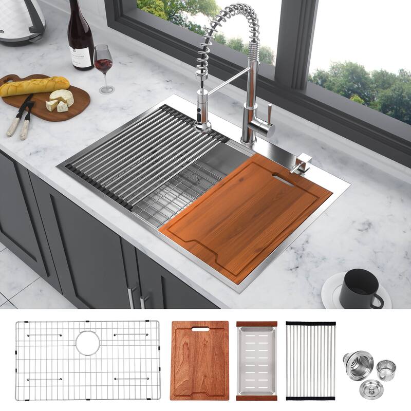 30" 28" 25" Drop-in Single Bowl Workstation Kitchen Sink
