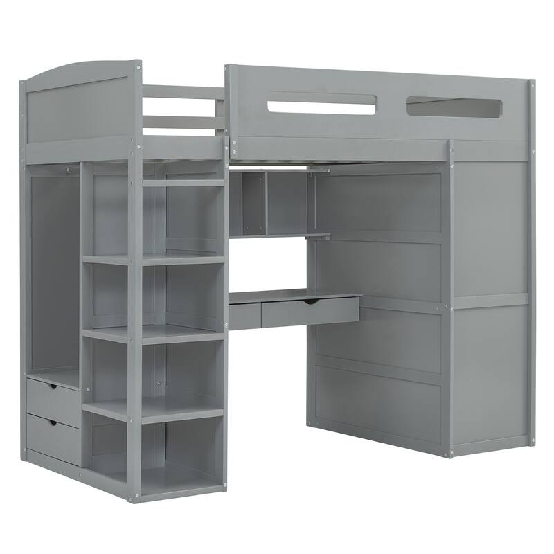 Gray Twin Size Solid Wood Loft Bed with Desk, Wardrobes, and Shelves