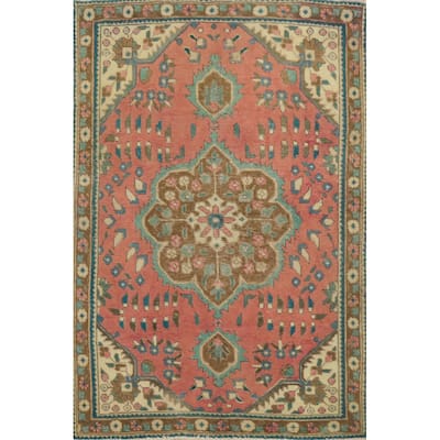 Hand Knotted Oriental 100% Wool Carpet Traditional Medallion Pink Tabriz Area Rug - 4' 7'' X 3' 4''