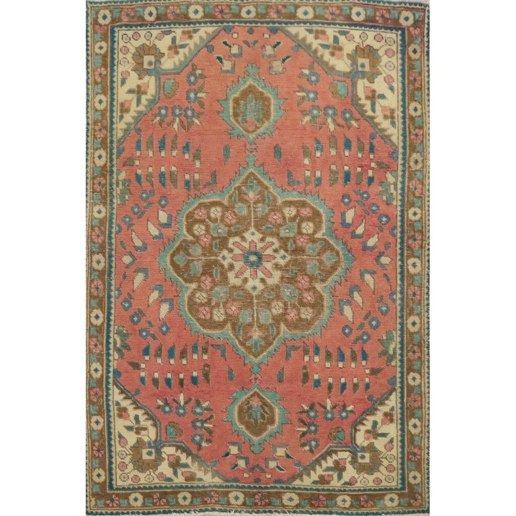 Hand Knotted Oriental 100% Wool Carpet Traditional Medallion Pink Tabriz Area Rug - 4' 7'' X 3' 4''