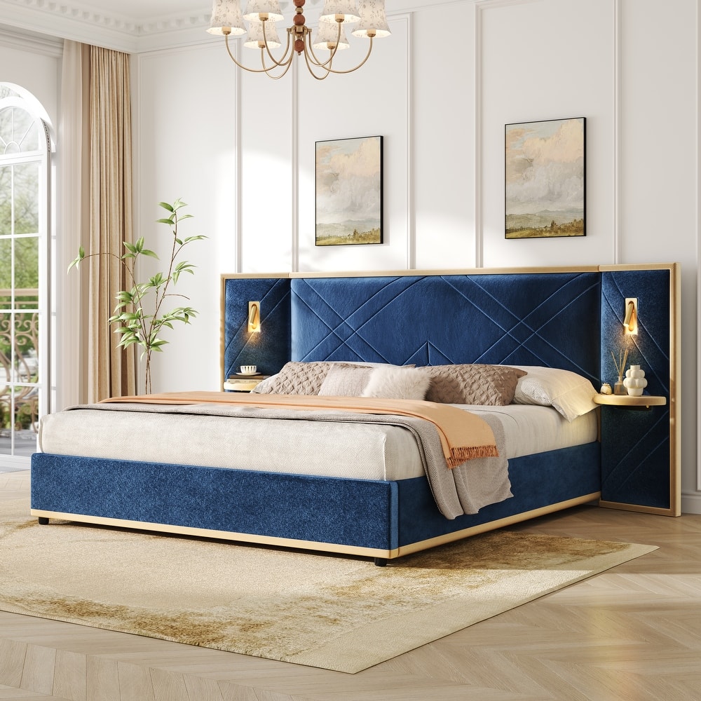 Christopher Knight Home - Voss Velvet Upholstered Bed with 2 Built-in LED Lights and 2 Storage Side Panels