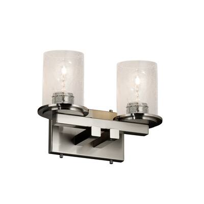 Justice Design Fusion Dakota 2-light Brushed Nickel Bath Bar, Seeded Cylinder w/ Flat Rim Shade