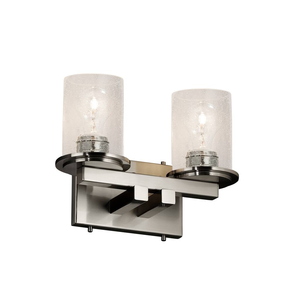 Justice Design Fusion Dakota 2-light Brushed Nickel Bath Bar, Seeded Cylinder w/ Flat Rim Shade