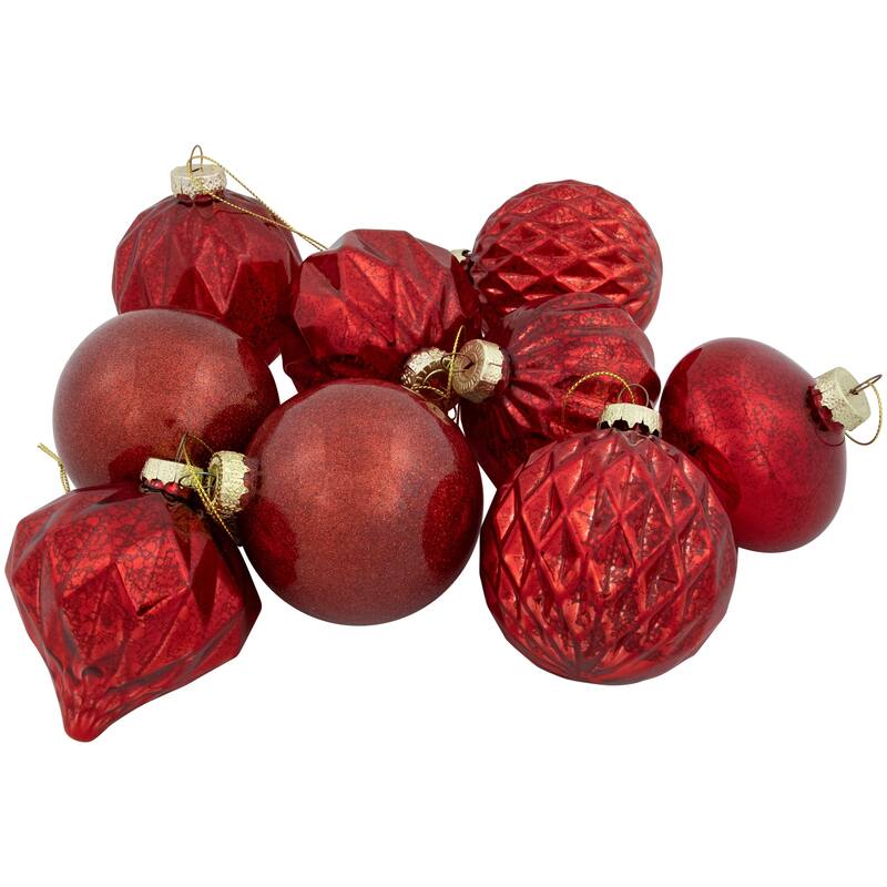 Shiny and Textured Glass Ball and Onion Christmas Ornaments - 3" (80mm) -Red - 9ct