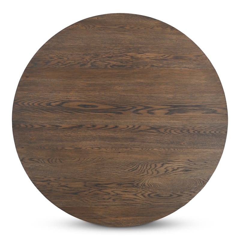 NADAAL STUDIOS Arlisse Coffee Table, Round Top, Solid Oak, Dual‑Layer Top with V‑Groove Iron Crisscross Base, Dark Brown