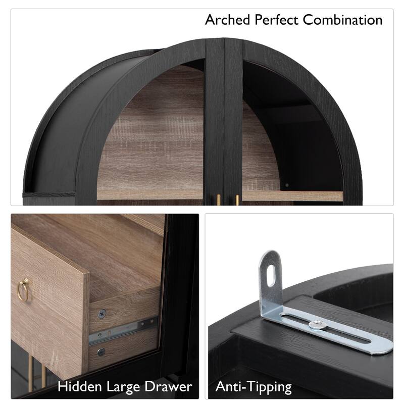 Anmytek 71" Farmhouse Arched Kitchen Pantry Cabinet Black with Glass Doors and Adjustable Shelves