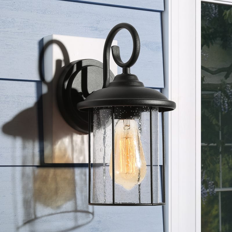 Modern Farmhouse Outdoor Lighting Wall Sconce Black Wall Lantern Glass Shade - Textured Black - L 8" x W 7" x H 12"