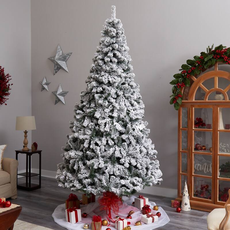 9ft. Flocked Fir Artificial Christmas Tree with 650 Clear LED Lights and 1320 Branches - Snowy Holiday X-Mas Showpiece