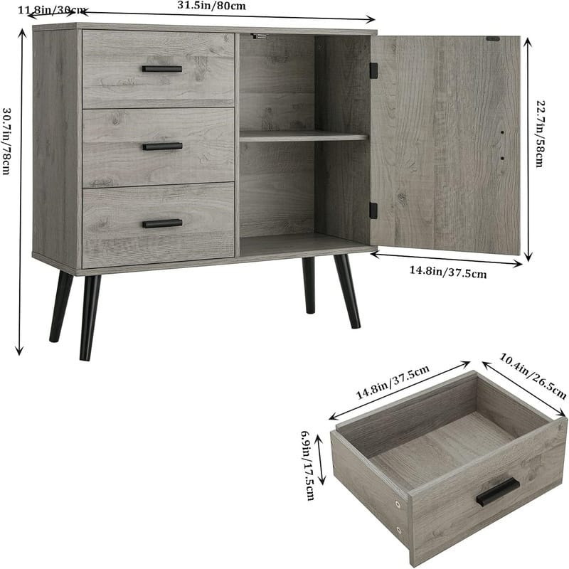 Storage Cabinet with Rattan Door 3 Drawers - 11.8"D x 31.5"W x 30.7"H