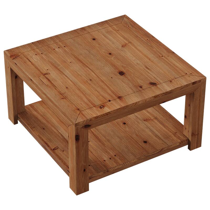 Solid Wood Coffee Table, 2-Tier Open Storage Shelf Living Room Center Cocktail Accent Table