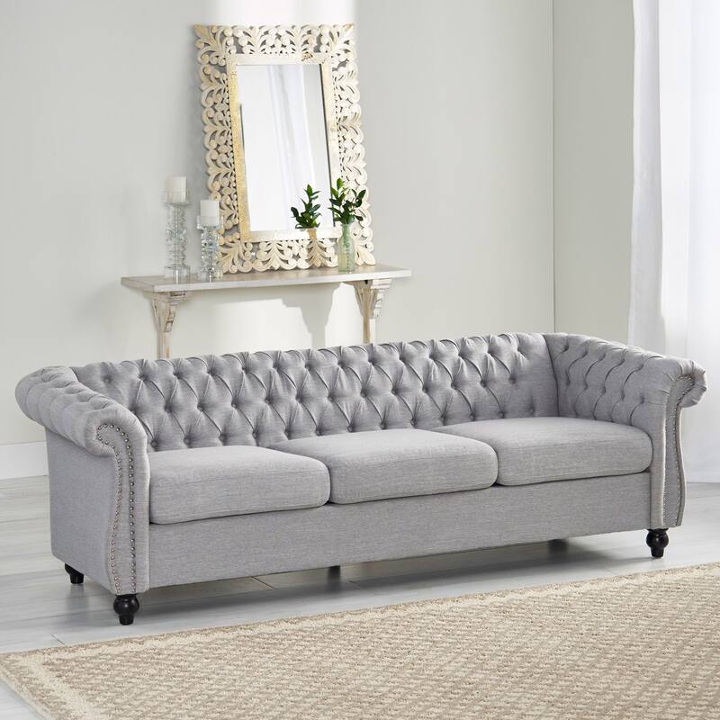 Modern 3-Seat Chesterfield Botton Tufted Sofa with Scrolled Arms