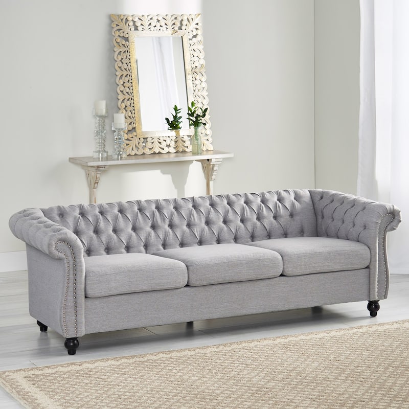 Roomfitters Modern Chesterfield 3-Seater Sofa, Tufted Upholstered Couch with Nailhead Trim and Deep Seating - Grey