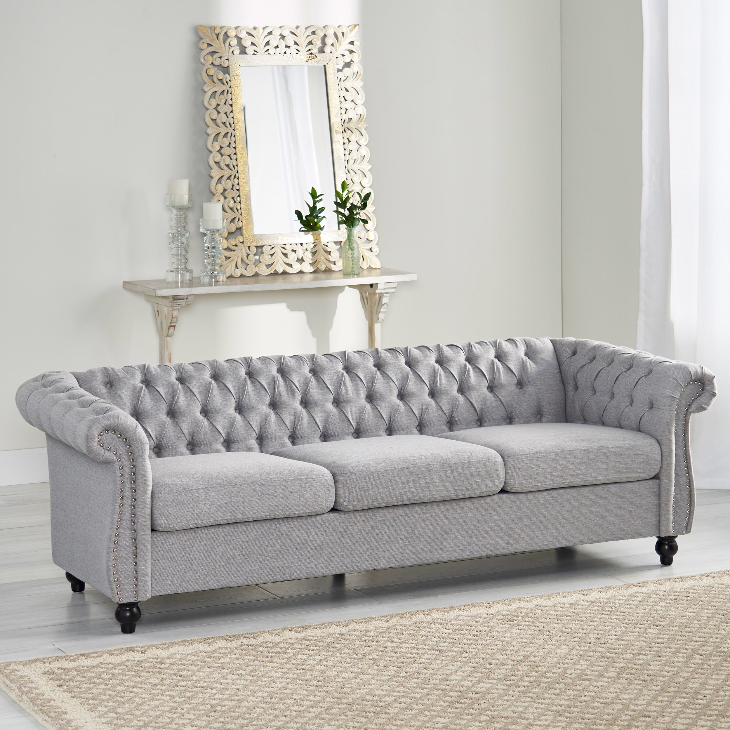 Roomfitters Modern Chesterfield 3-Seater Sofa, Tufted Upholstered Couch with Nailhead Trim and Deep Seating