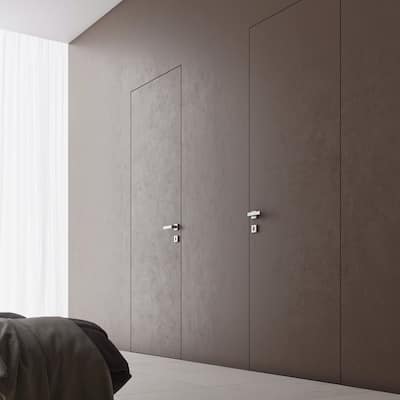 Invisible Solid Hidden Door with Handle Planum 0010 Primed with Silver Hidden Frame 24 x 80 Right-hand Inswing Silver Frame