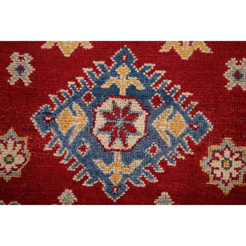 Red Traditional Geometric Kazak Accent Rug Hand-Knotted Wool Carpet - 3'1" x 5'0"