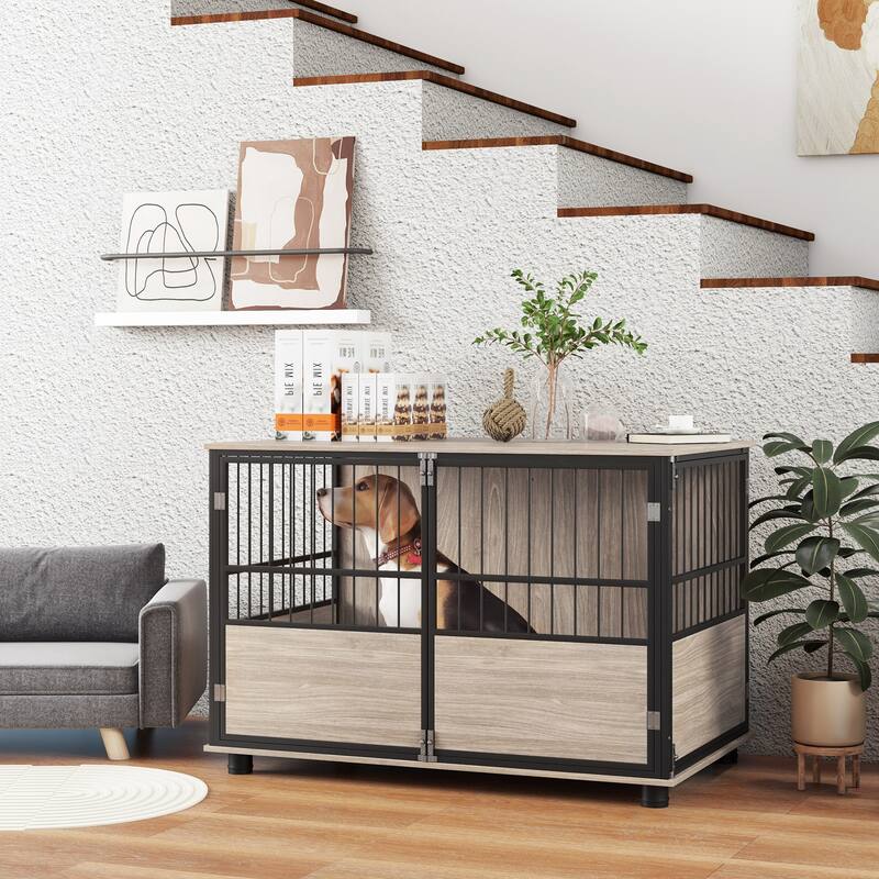 PawHut 39.5" Dog Crate Furniture End Table, Wooden Dog Kennel Indoor Pet House with 3 Doors, for Small to Large Dogs - Brown