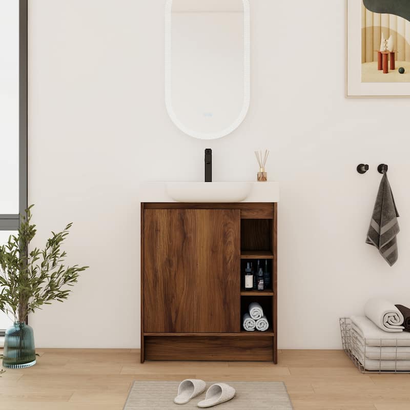 28 Inch Freestanding Bathroom Vanity Cabinet with Ceramic Sink,1 Soft Close Door and 3 Shelves - 27.2''W×14.8''D×35.3''H - Brown Ebony