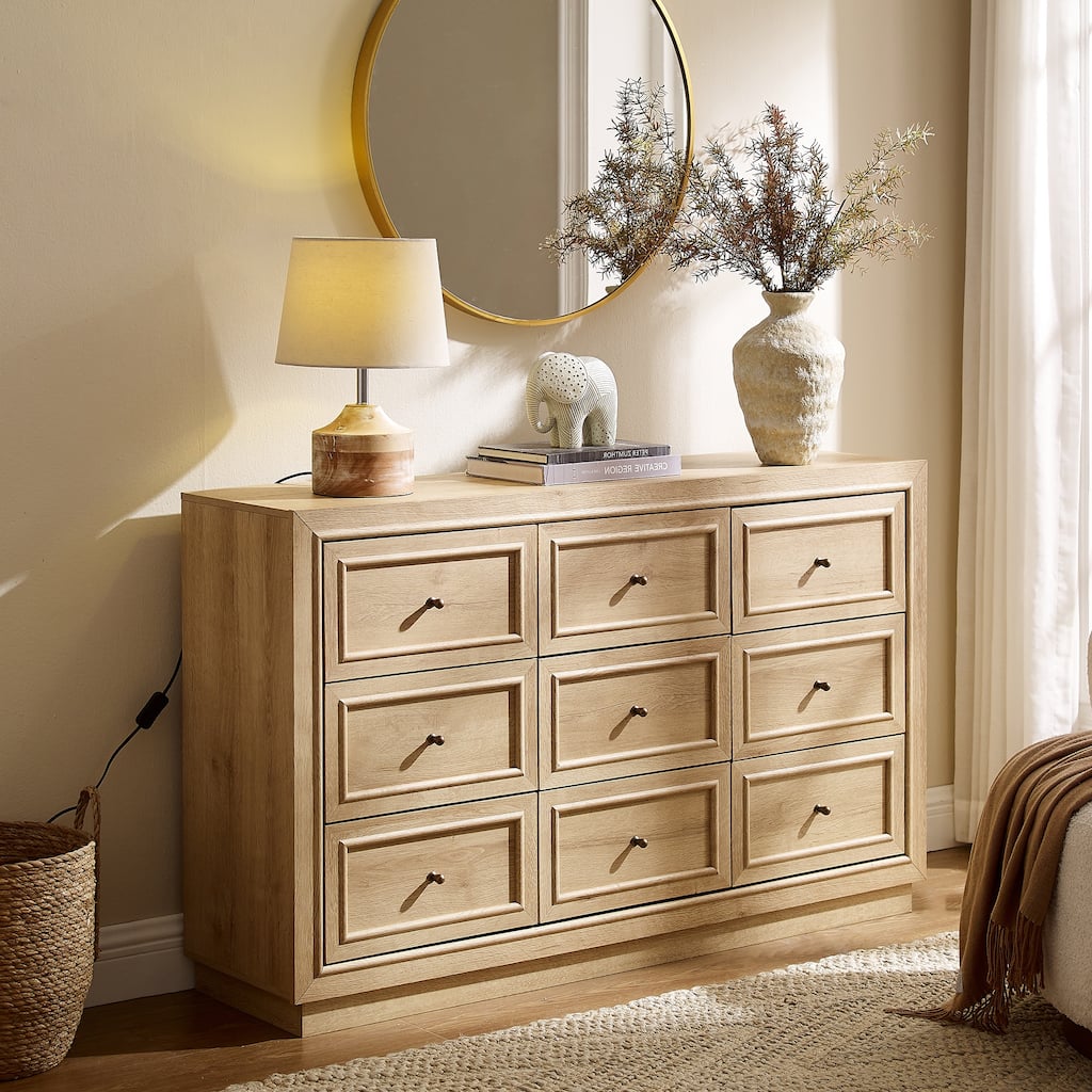 modern horizontal dresser LuxenHome Summer Oak Engineered Wood 47.2-Inch Wide 6-Drawer Horizontal Dresser