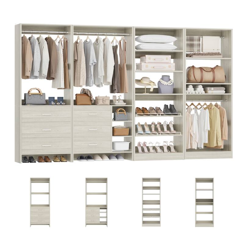 Cimly Set of 4 Closet Organizer with Drawers and Shoe Rack, Freestanding Closet System with Hanging Rods