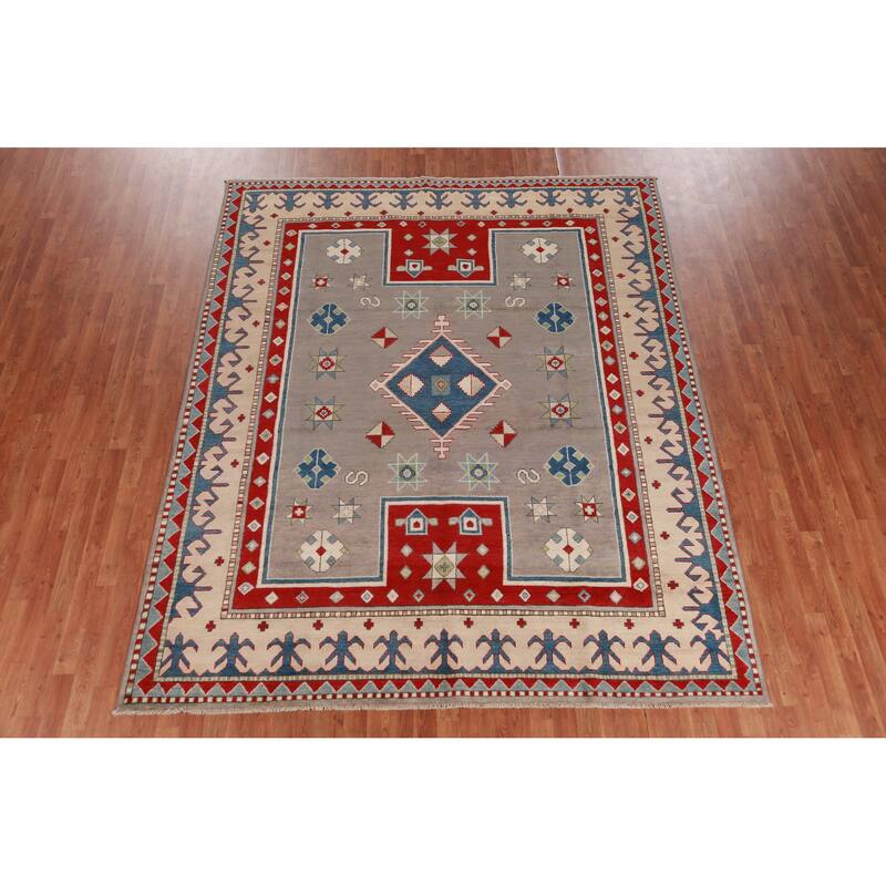 Hand Knotted Oriental 100% Wool Carpet Traditional Geometric Greys & Charcoal Kazak Area Rug - 9' 6'' X 7' 9''