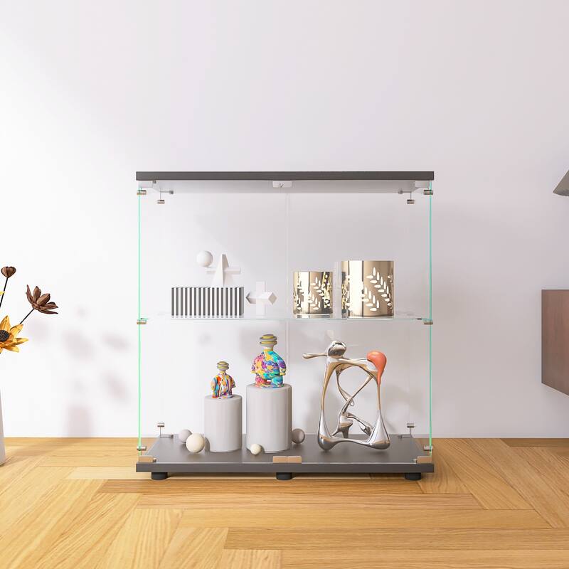 One-Door Glass Display Cabinet with 3 Shelves, Floor Standing Curio Bookshelf with Tempered Glass for Living Room Bedroom Office