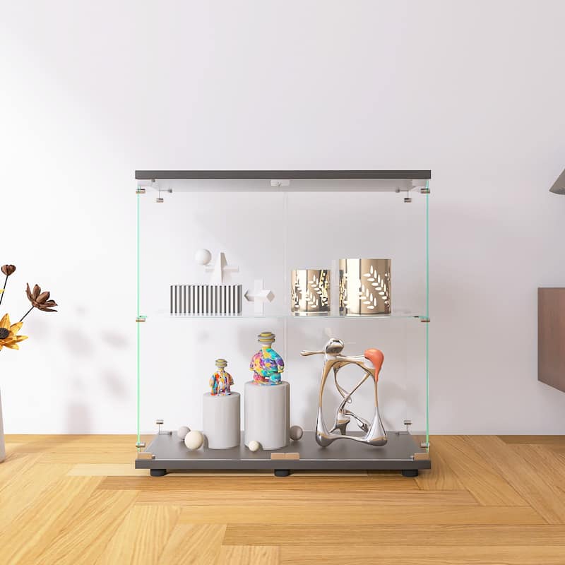 Two-door Glass Display Cabinet 2 Shelves with Door, Floor Standing Curio Bookshelf