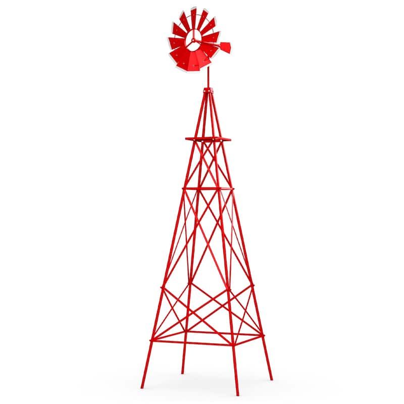 8 Feet Metal Windmill Outdoor Garden Yard Ornament with Weathervane - Red