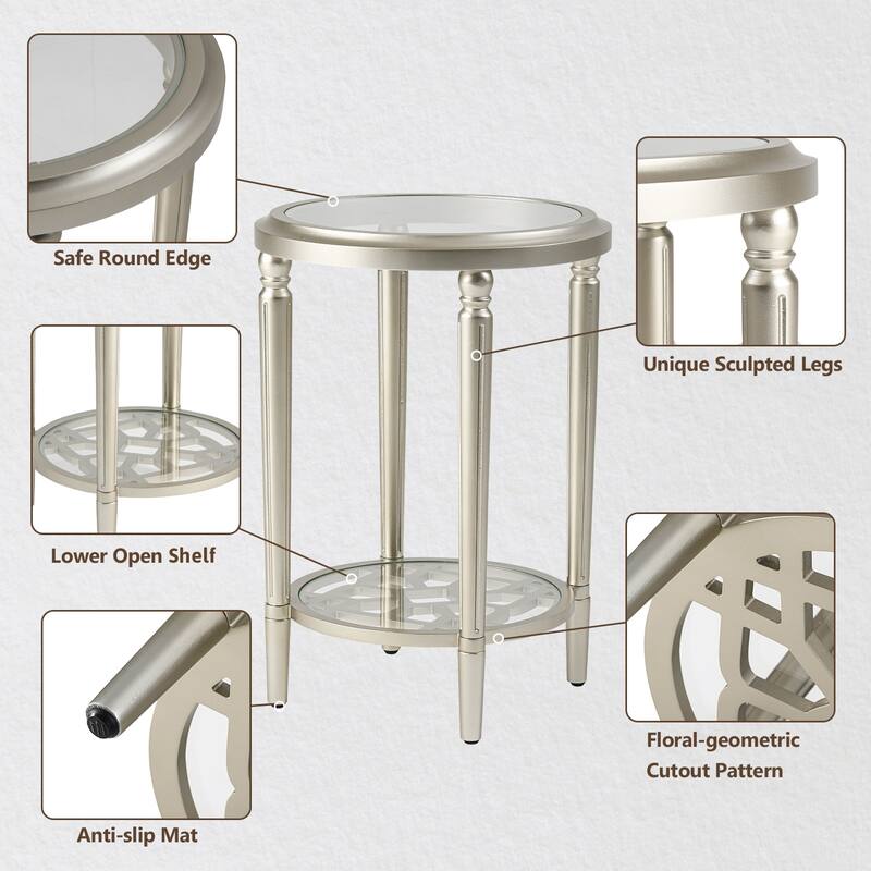 COSIEST Champagne Round Solid Wood Tempered Glass Coffee Table