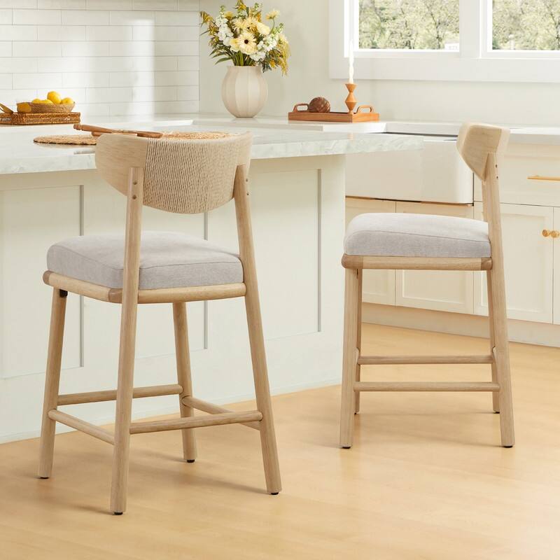 Spruce & Spring Boho Woven Bar Stool with Curved Back - Set of 2 - Linen