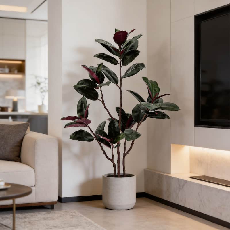 4 ft. Artificial Rubber Tree, Faux Green Plant with Bendable Branches in Black Cement-Filled Nursery Pot, Low Maintenance