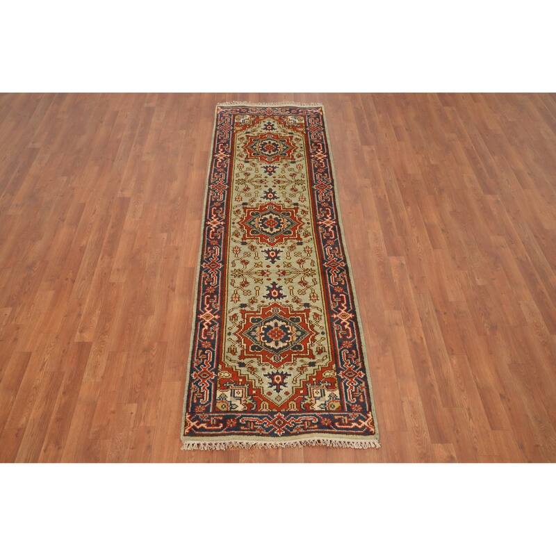 Hand Knotted Oriental 100% Wool Carpet Traditional Geometric Beige & Ivories Heriz (serapi) Runner Rug - 8' 1'' X 2' 7''