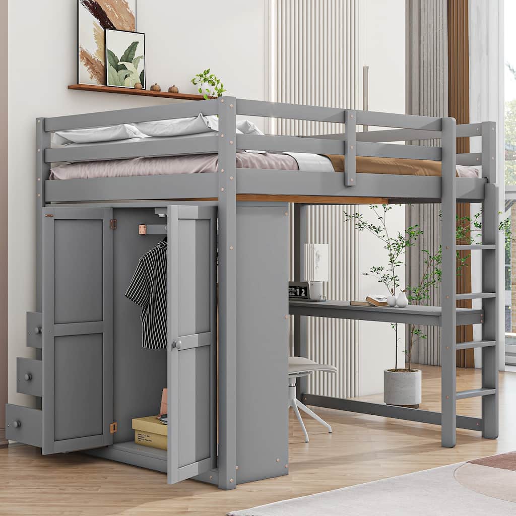 Full Size Loft Bed with Desk & Wardrobe, Solid Wood Kids Loft Bedframe w/3 Storage Drawers & 2 Shelves, Maximum Space Design