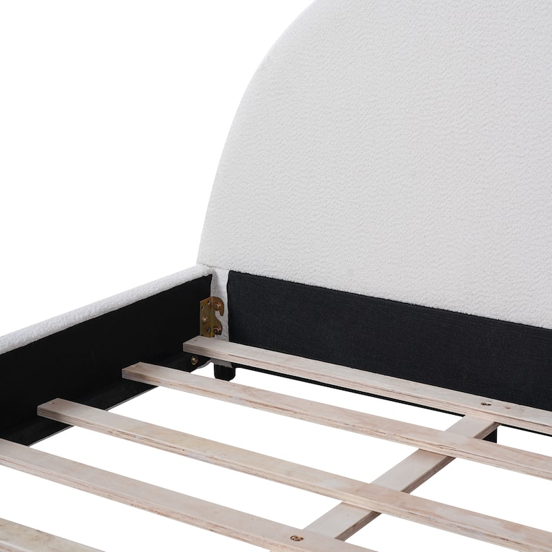 Upholstered Bed with Round Curved Headboard Wingback Bed, White Boucle Platform Bed Frame