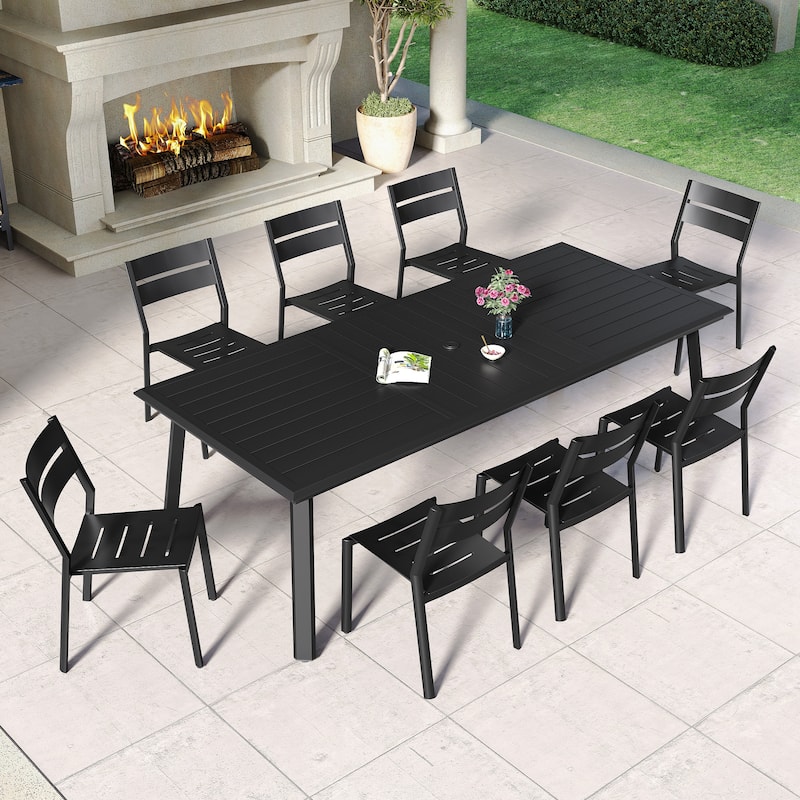 9PC Patio Outdoor Aluminum Dining Set with Umbrella Hole with Stackable Chairs - Black