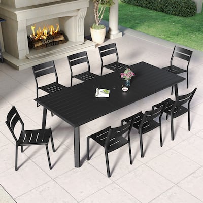 9PC Patio Outdoor Aluminum Dining Set with Umbrella Hole with Stackable Chairs