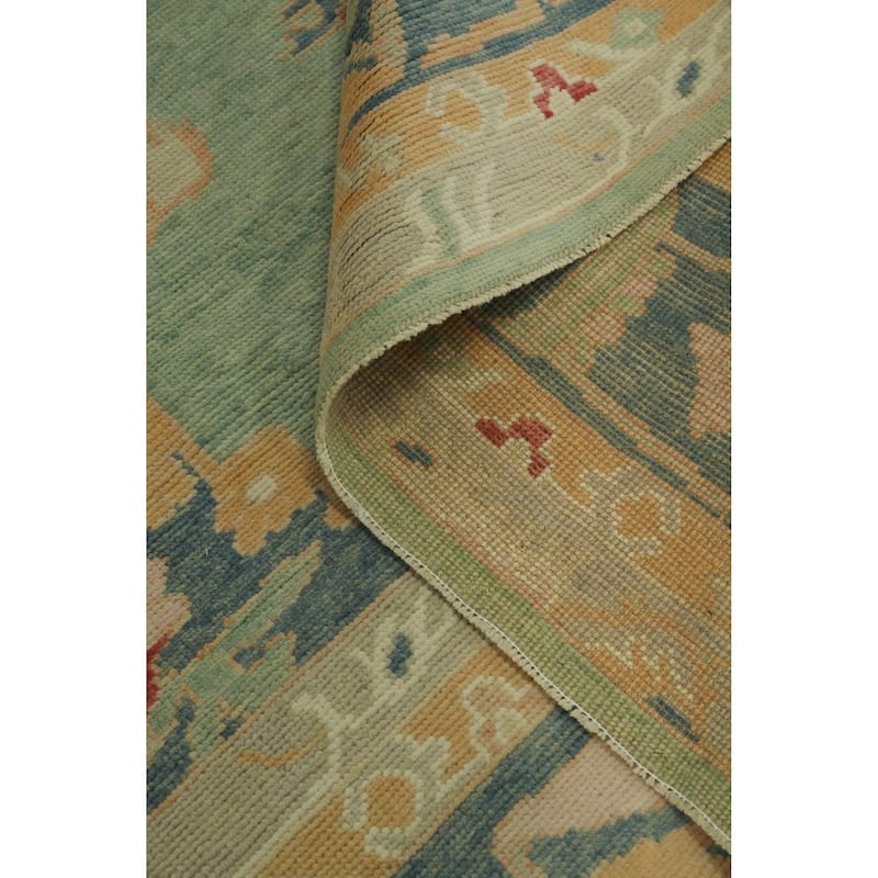 Vegetable Dye Green Oushak Turkish Area Rug, Floral Geometric Carpet - 10' 5'' X 8' 2''