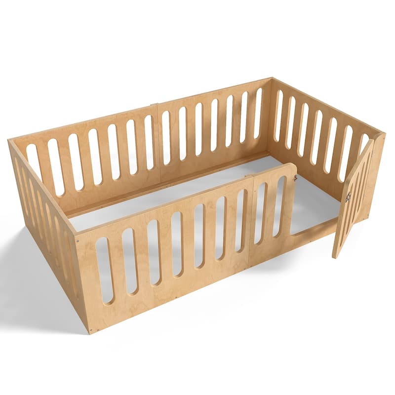 Twin Size Floor Bed with High Fence for Kids, Solid Wood Kids Montessori Bed with Door, No Box Spring Needed Design