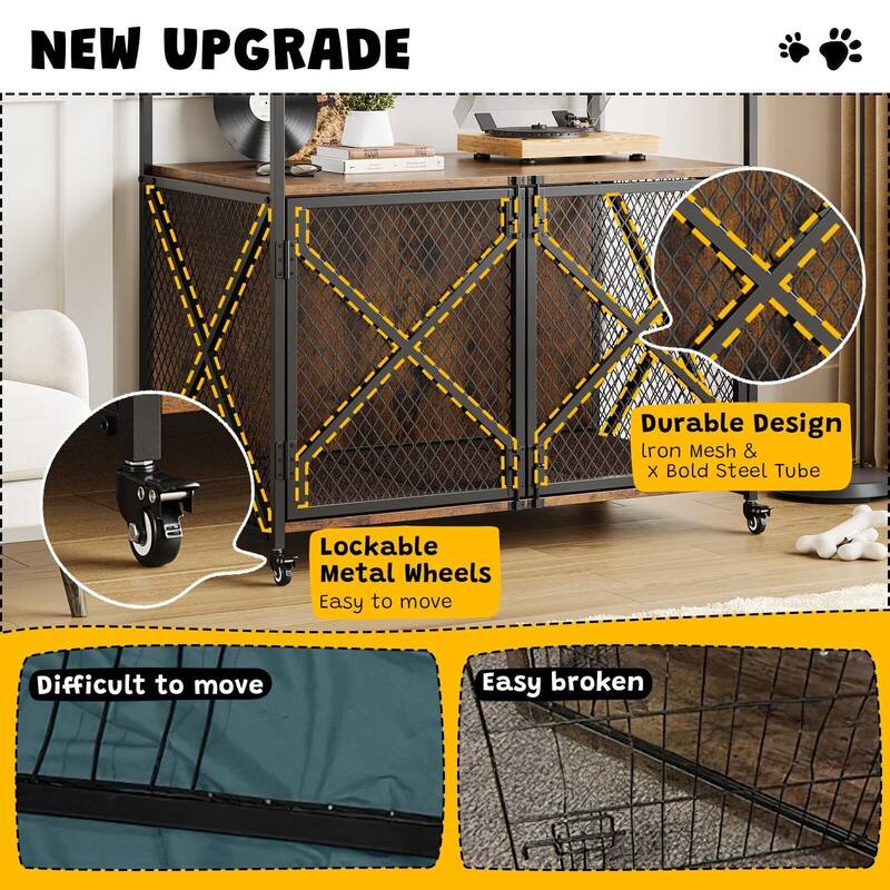 Dog Crate Furniture, with Lockable 360° Wheels