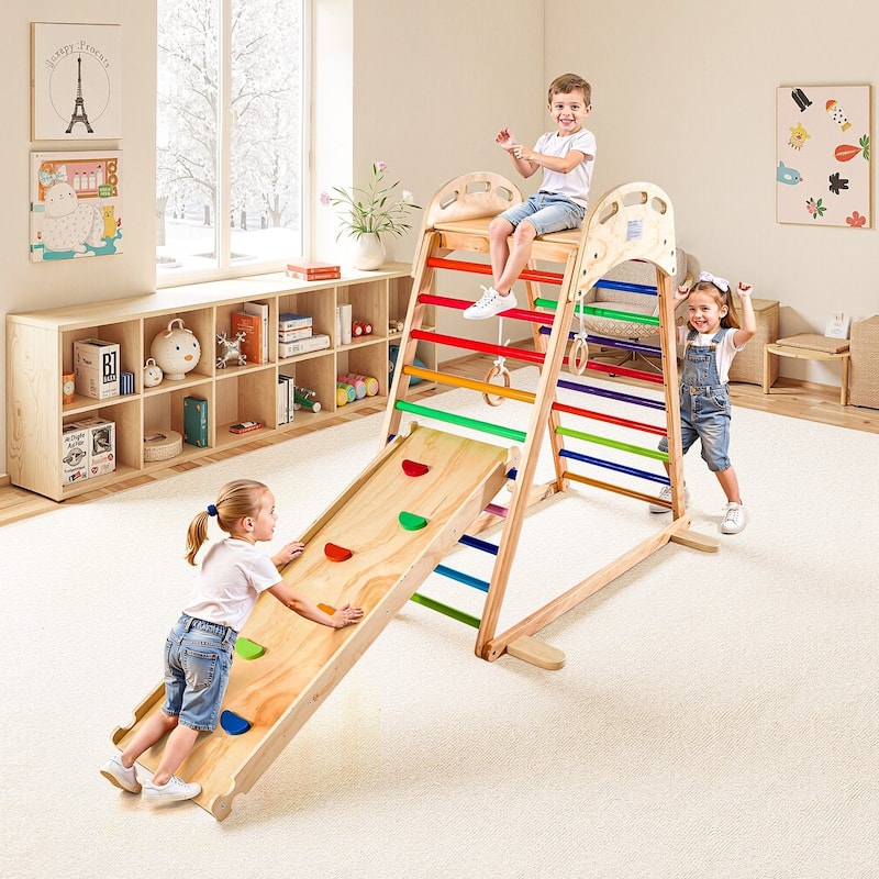Colorful 4 in 1 Indoor Playground Jungle Gym for Kids with Slide Climbing Rock Wooden Ladder Gym Rings and 220 lbs Capacity