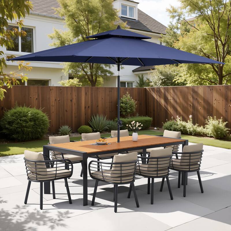 9/11-Piece Outdoor Patio Dining Set w/10 ft Umbrella and Base Aluminum Dining Table and Dining Chairs with Sunbrella Cushions