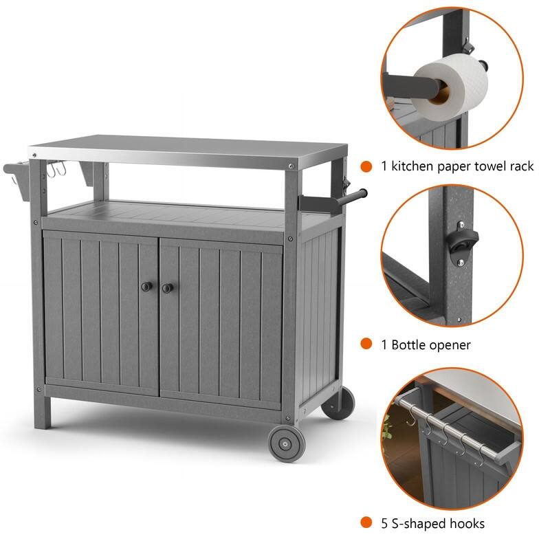 HDPE Portable Outdoor Grill Cart, Waterproof BBQ Prep Table, 304 Stainless Steel Top, Camping Cart 42.12" L x 20.71" W, Black