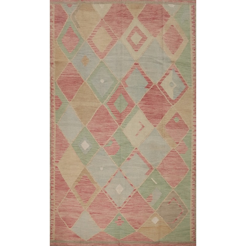 Hand Woven Oriental 100% Wool Carpet Southwestern Modern Pink Kilim Area Rug - 9' 0'' X 5' 11''