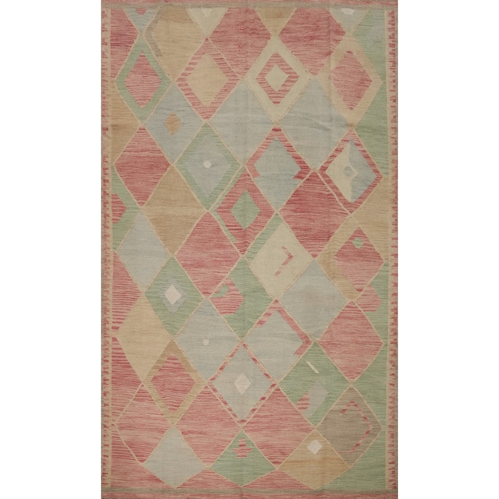 Hand Woven Oriental 100% Wool Carpet Southwestern Modern Pink Kilim Area Rug - 9' 0'' X 5' 11''