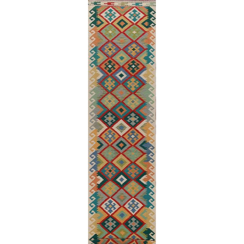 Geometric Kilim Oriental Runner Rug Hand-Woven Wool Carpet - 2'7" x 16'2"