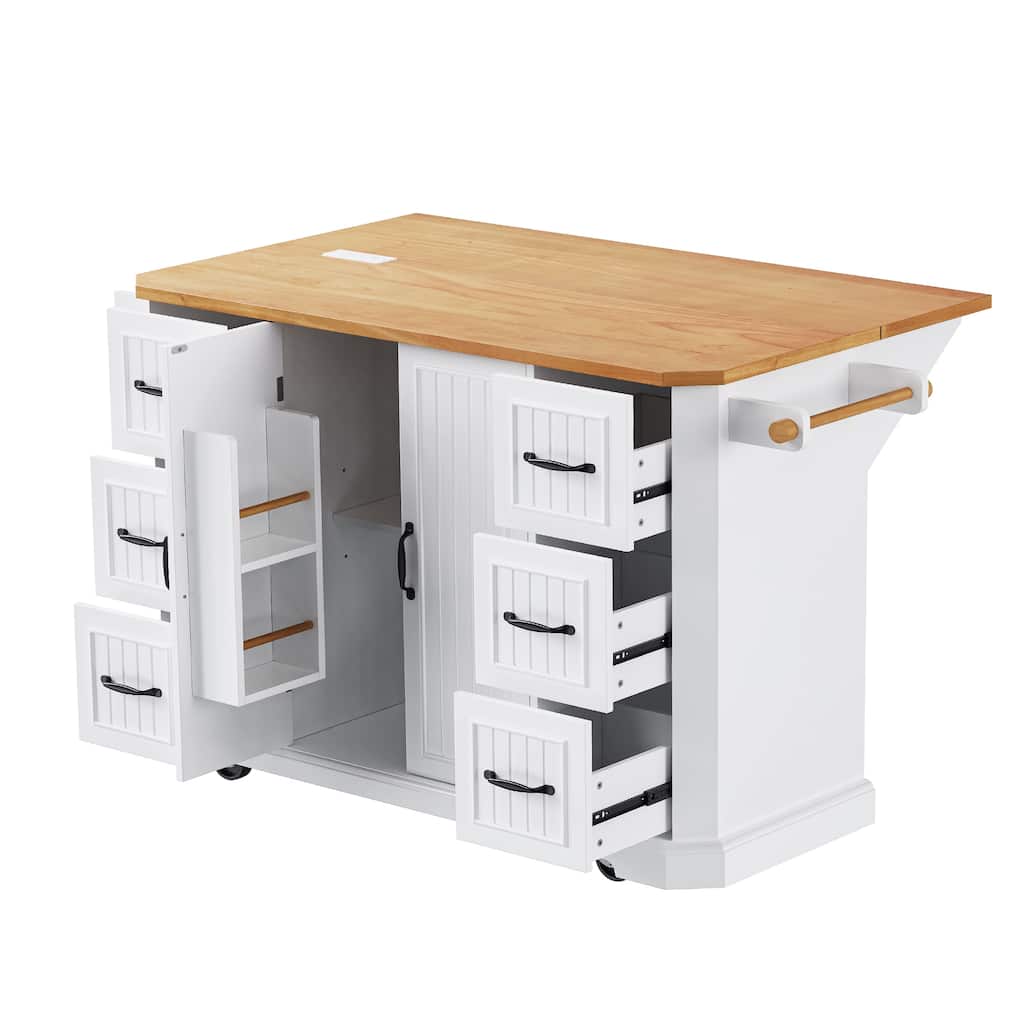 Rolling Kitchen Cart with Rubber Wood Veneer Top, Foldable Counter, 4 Door Shelves, Charging Station & Ample Storage