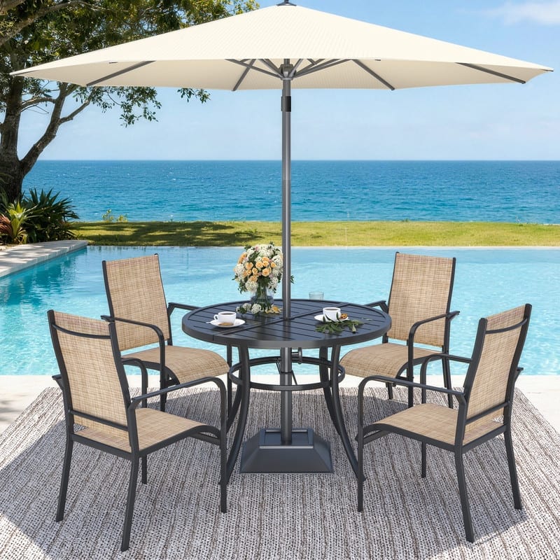 Patio Dining Set, Outdoor Dining Table and Chairs Set with Textilene Chairs, Adjustable Umbrella Hole for Garden, Backyard - 5 Piece-Round - Brown