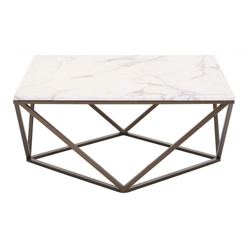 HomeRoots 36" Antique Brass And White Faux Marble Stone Coffee Table - 36