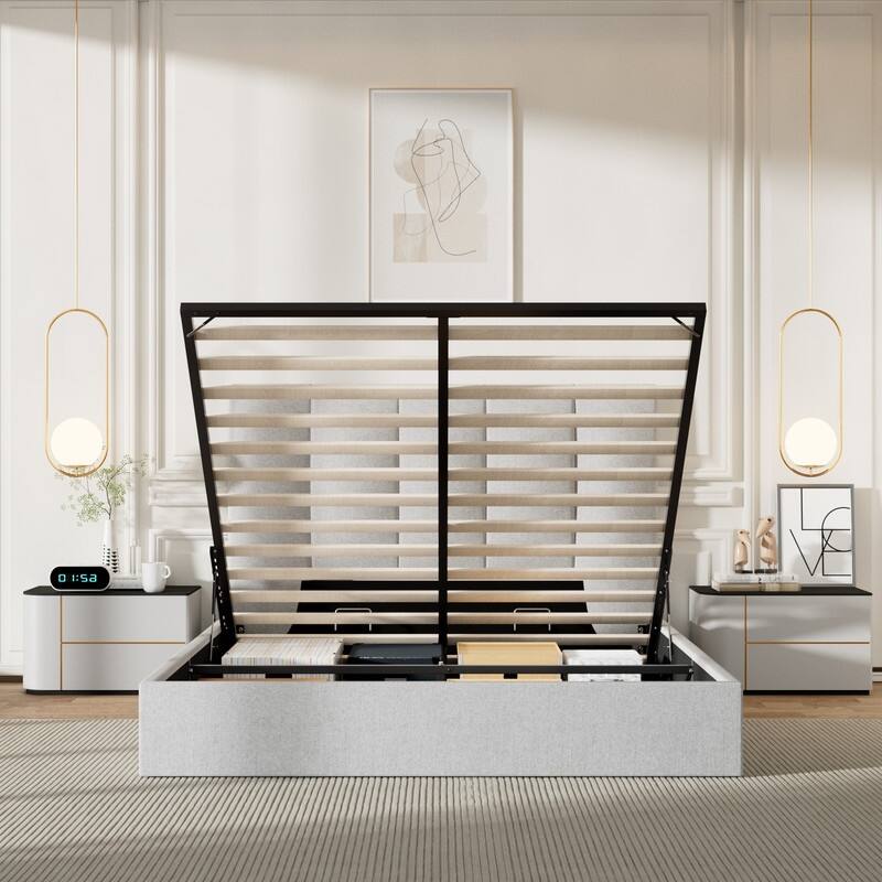 Modern Upholstered Lift-Up Storage Platform Bed with Headboard